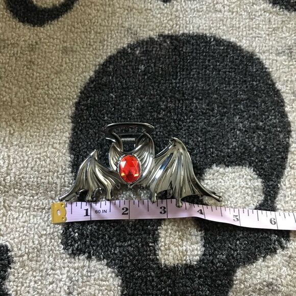 Goth Vampire Bat Wing Hair Clip Red Stone accent, Engraved detaili… - Picture 3 of 3